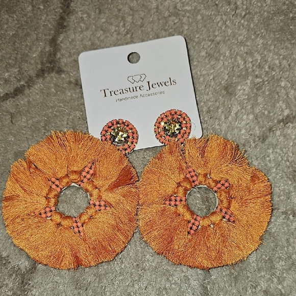 Over Sized Orange Round Stone Tassel Fringe Pageant Earrings - Picture 1 of 2
